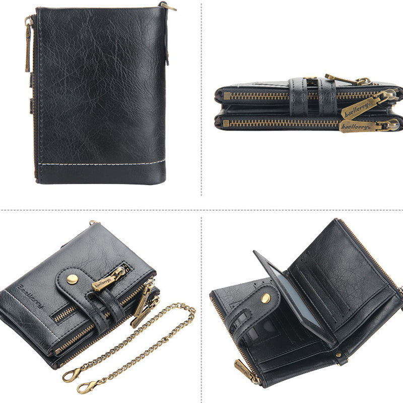 Men's RFID Wallet with Chain, Retro Bifold Card Holder Wallet