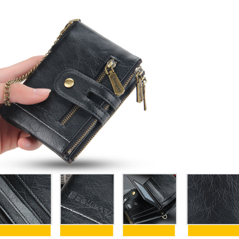 Men's RFID Wallet with Chain, Retro Bifold Card Holder Wallet