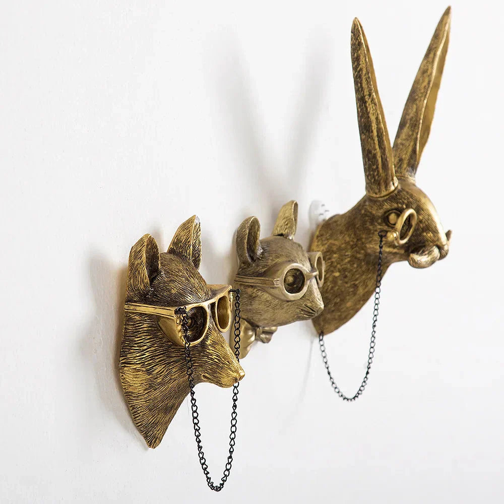 Antique Bronze Resin Animal Pendant Golden Deer Head Wall Storage Hook Background Wall Accessories Decorative Figures