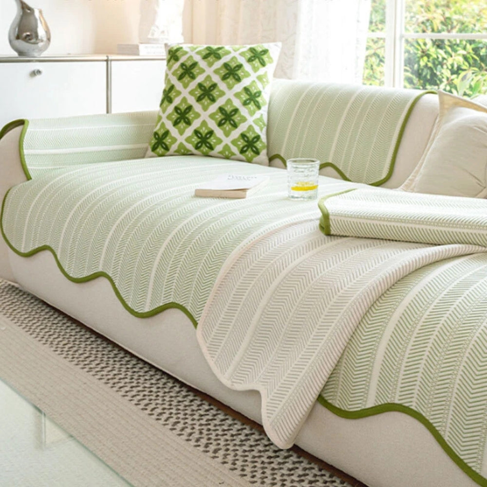 Aurivelle Herringbone Sofa Cover with Scalloped Edge Trim