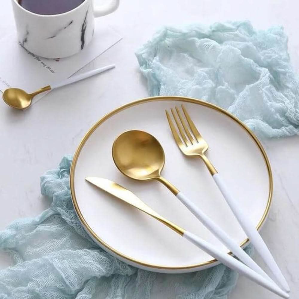 Gold Stainless Steel Cutlery Set with White Handles
