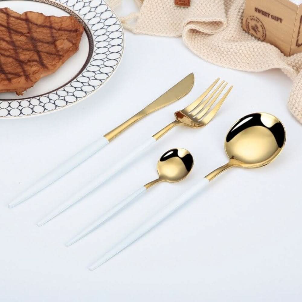 Gold Stainless Steel Cutlery Set with White Handles