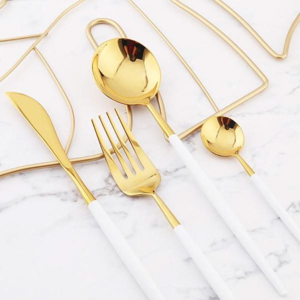 Gold Stainless Steel Cutlery Set with White Handles