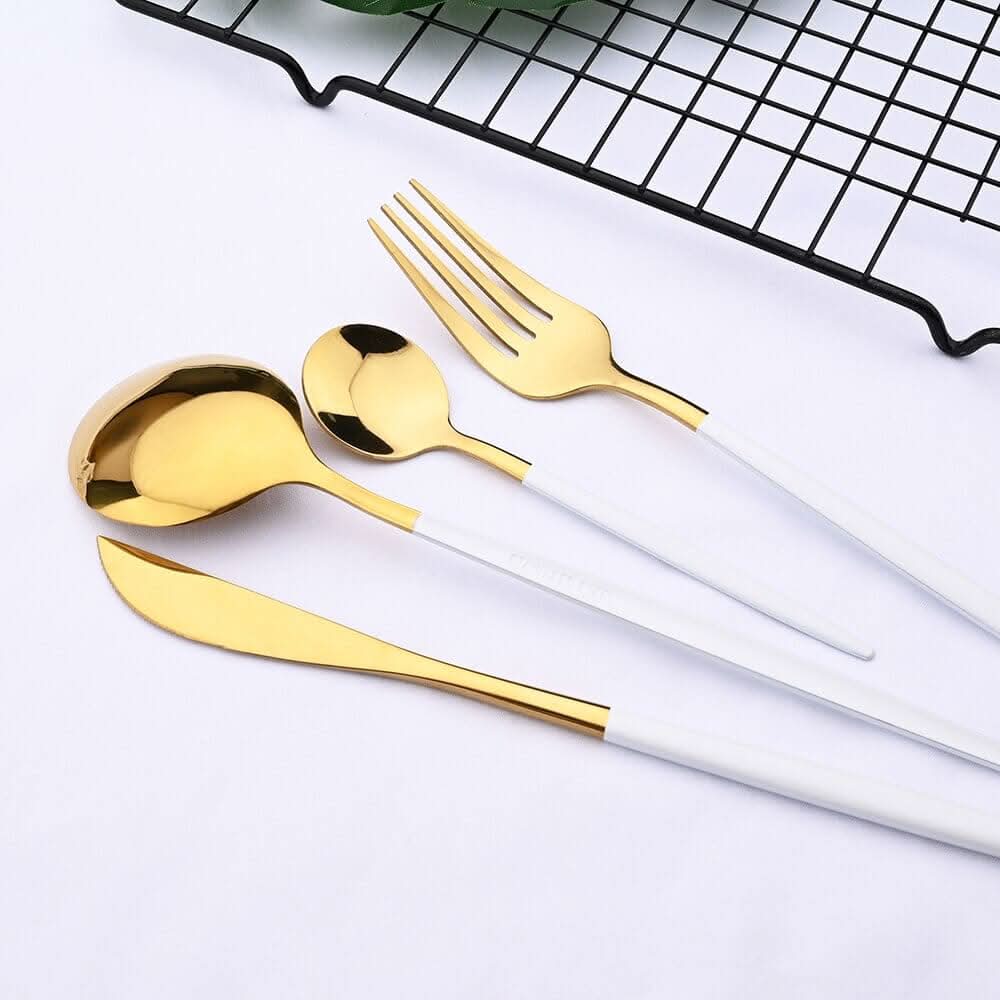 Gold Stainless Steel Cutlery Set with White Handles