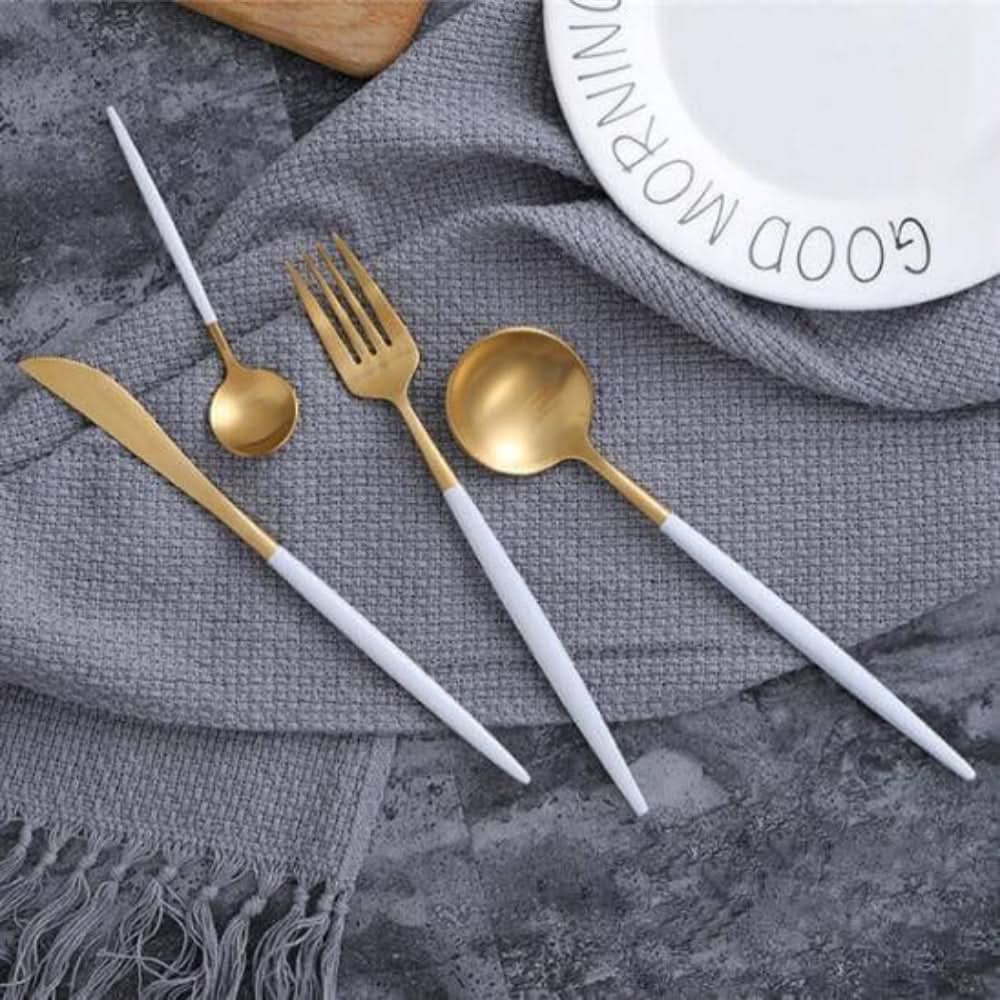 Gold Stainless Steel Cutlery Set with White Handles