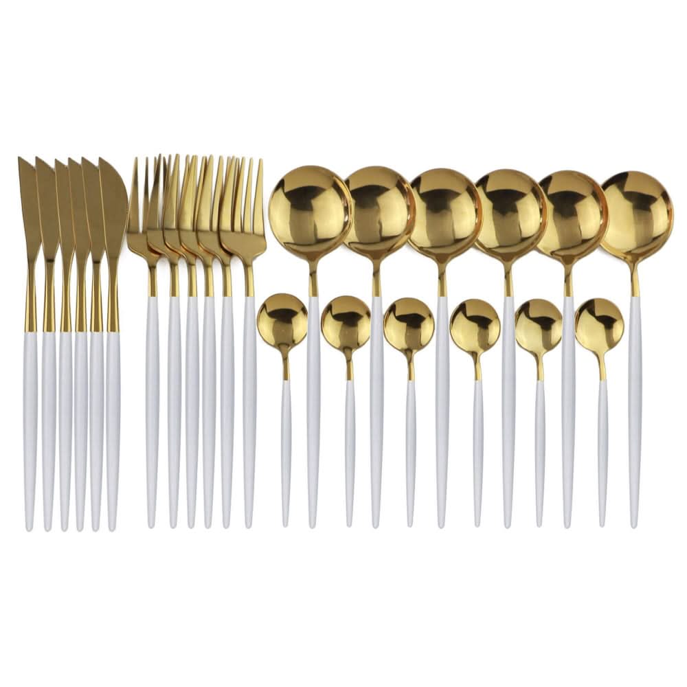 Gold Stainless Steel Cutlery Set with White Handles