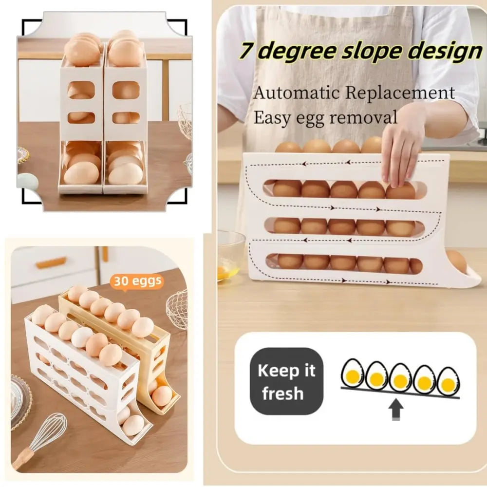 Automatic Egg Holder with Rolling Function – 4-Tier Egg Organizer for Refrigerator & Kitchen