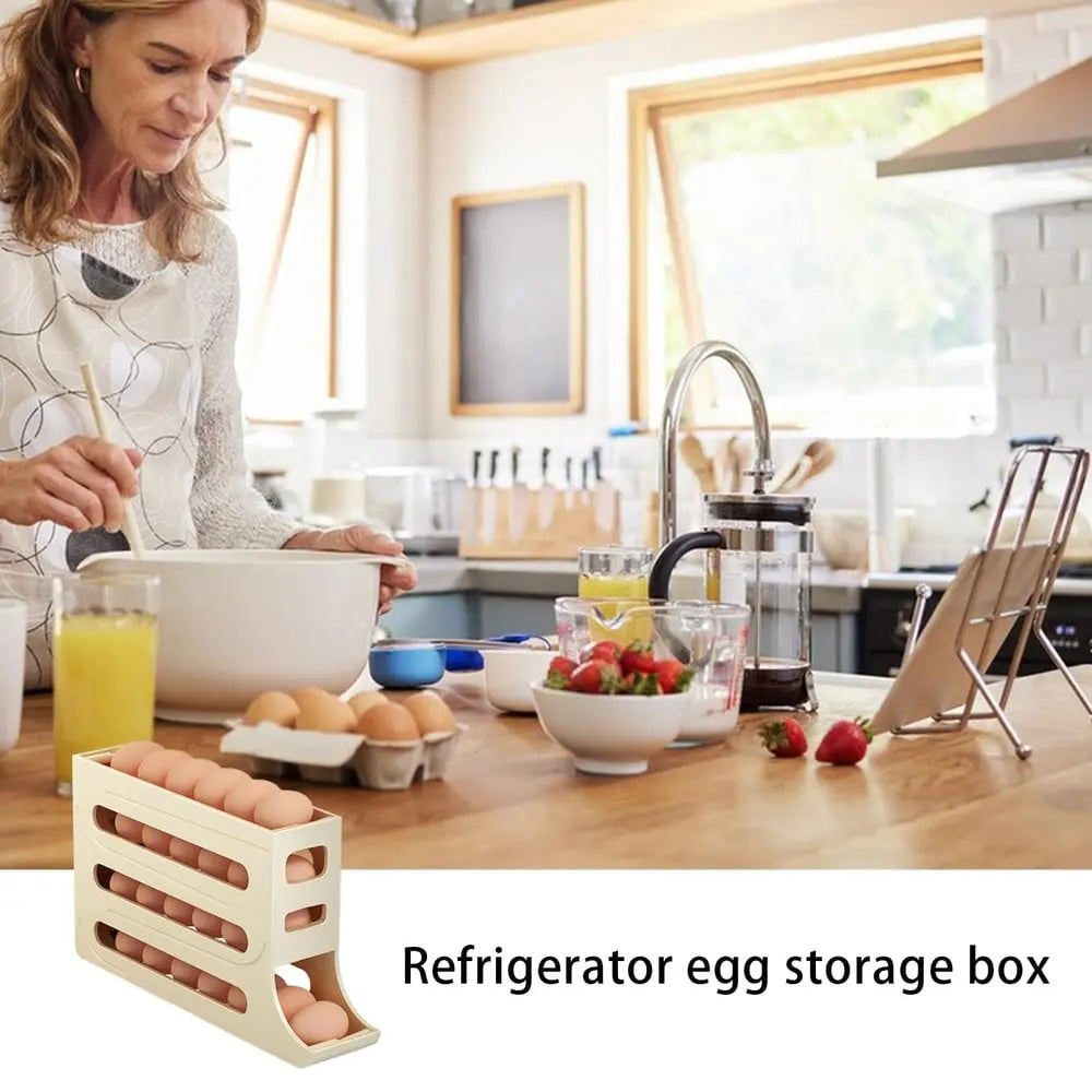 Automatic Egg Holder with Rolling Function – 4-Tier Egg Organizer for Refrigerator & Kitchen