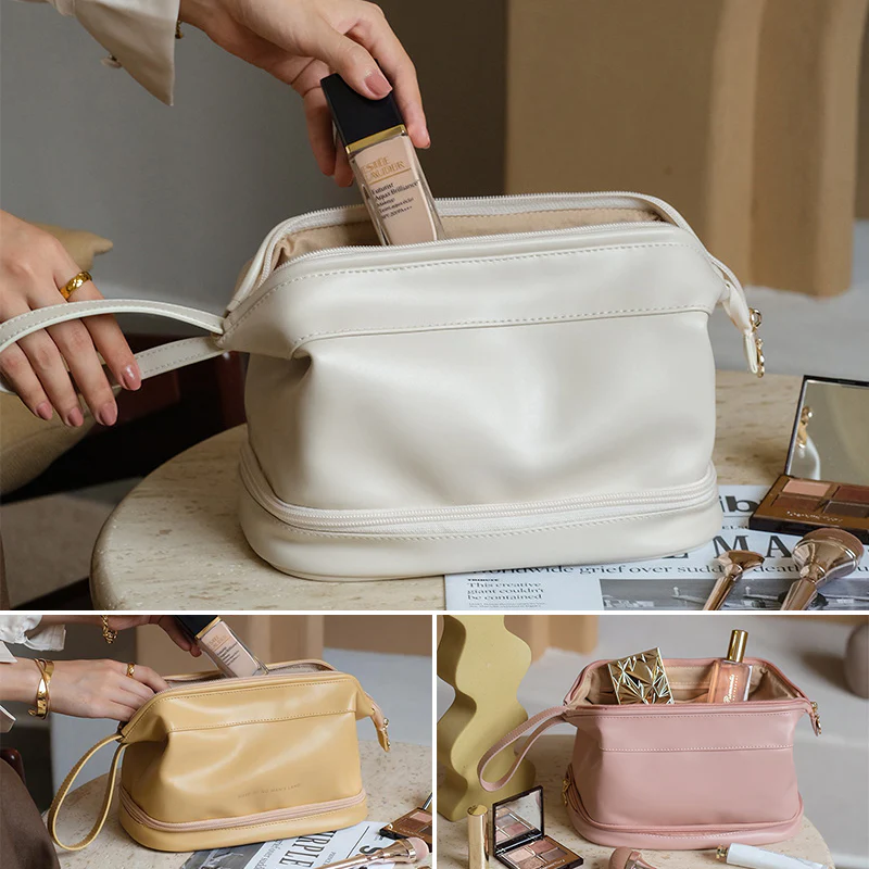 Large Travel Cosmetic Bag with Double-Layer Storage and Water-Resistant PU Leather