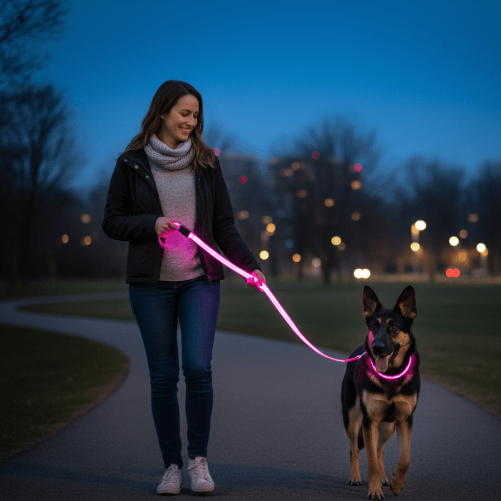LED dog leash with USB charging & reflective design