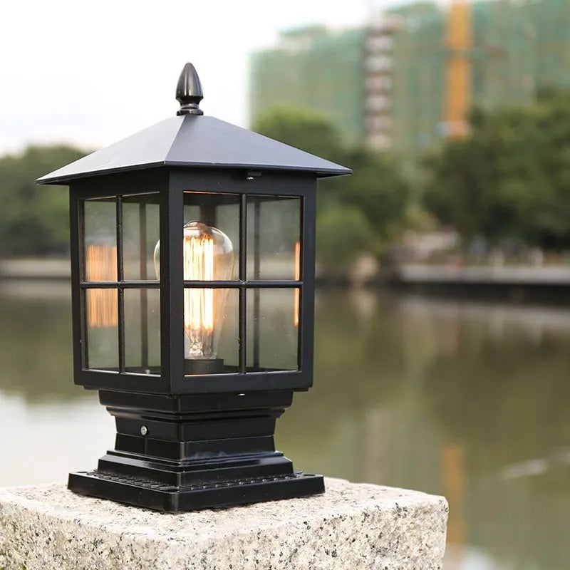 Weather Resistant Outdoor Lantern on Pillar in Black Metal
