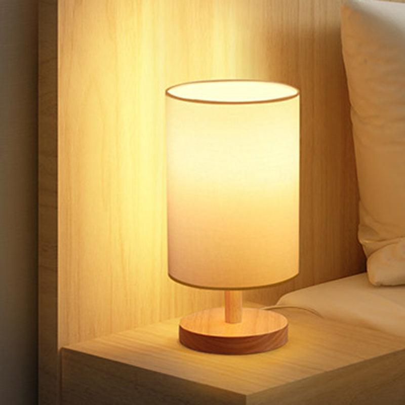 Traditional Japanese Cylinder Wood Fabric 1-Light Table Lamp for the Living Room
