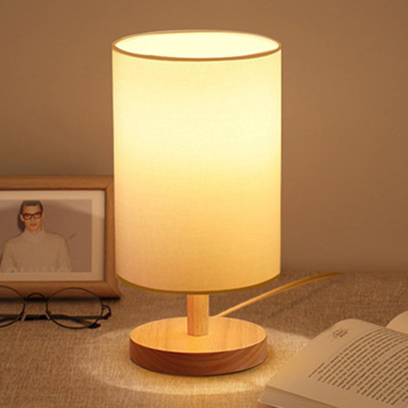 Traditional Japanese Cylinder Wood Fabric 1-Light Table Lamp for the Living Room