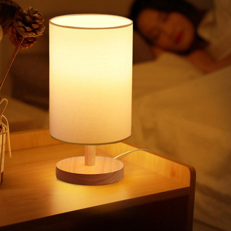 Traditional Japanese Cylinder Wood Fabric 1-Light Table Lamp for the Living Room