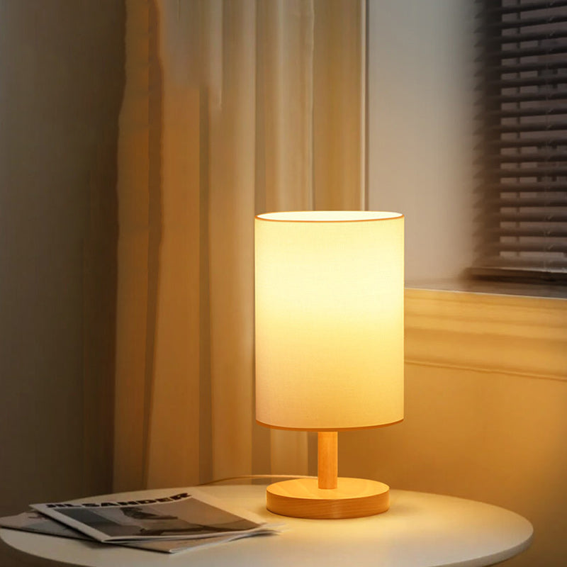 Traditional Japanese Cylinder Wood Fabric 1-Light Table Lamp for the Living Room