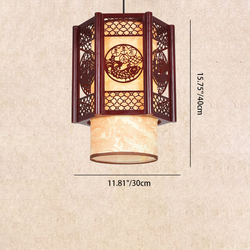Traditional Chinese Wood-PVC Cylinder Lantern Carved Fish 1-Light Pendant Lamp for the Dining Room