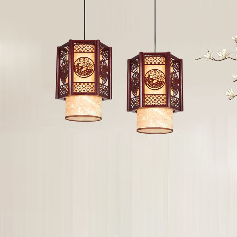 Traditional Chinese Wood-PVC Cylinder Lantern Carved Fish 1-Light Pendant Lamp for the Dining Room