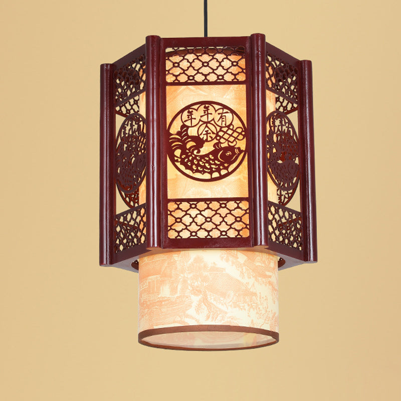 Traditional Chinese Wood-PVC Cylinder Lantern Carved Fish 1-Light Pendant Lamp for the Dining Room