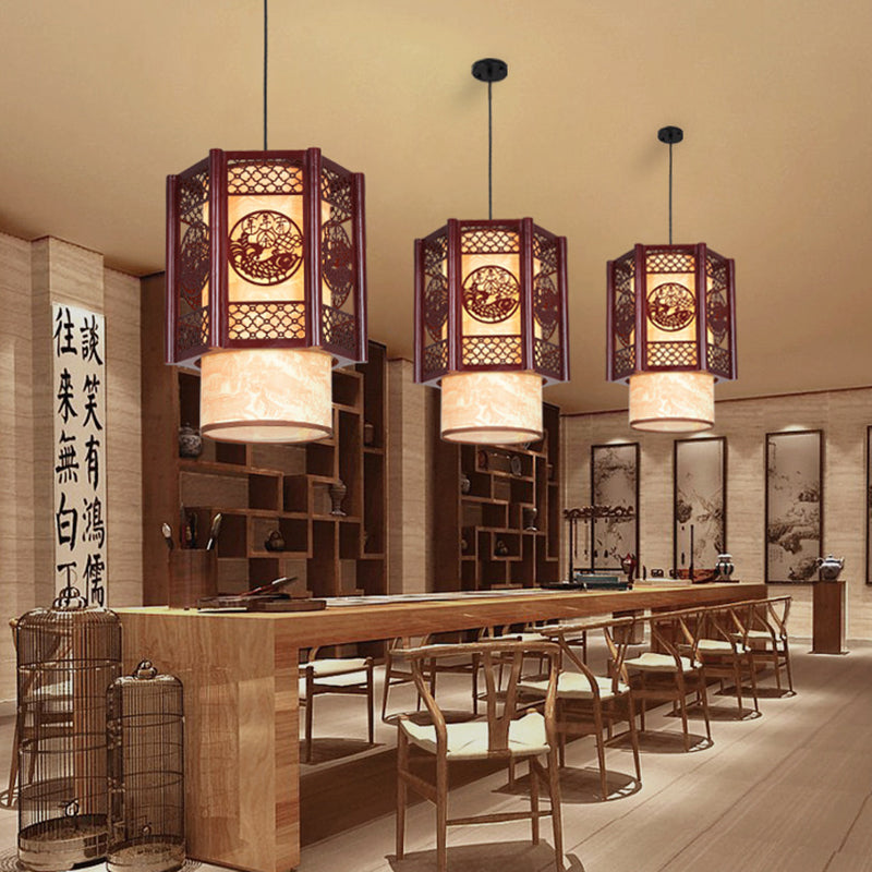 Traditional Chinese Wood-PVC Cylinder Lantern Carved Fish 1-Light Pendant Lamp for the Dining Room