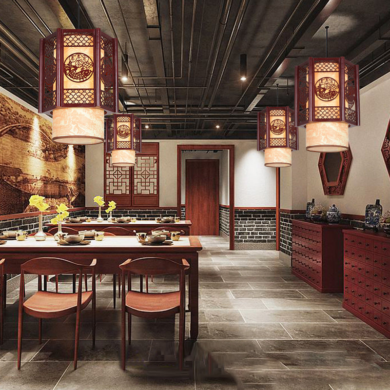Traditional Chinese Wood-PVC Cylinder Lantern Carved Fish 1-Light Pendant Lamp for the Dining Room