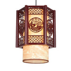 Traditional Chinese Wood-PVC Cylinder Lantern Carved Fish 1-Light Pendant Lamp for the Dining Room
