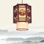 Traditional Chinese Wood-PVC Cylinder Lantern Carved Fish 1-Light Pendant Lamp for the Dining Room