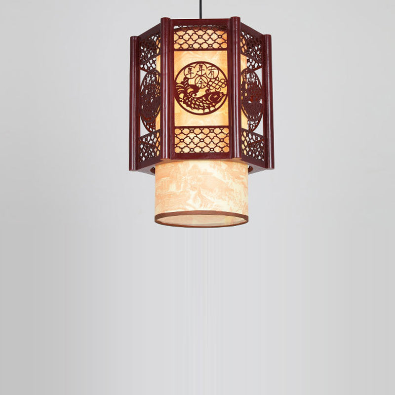 Traditional Chinese Wood-PVC Cylinder Lantern Carved Fish 1-Light Pendant Lamp for the Dining Room