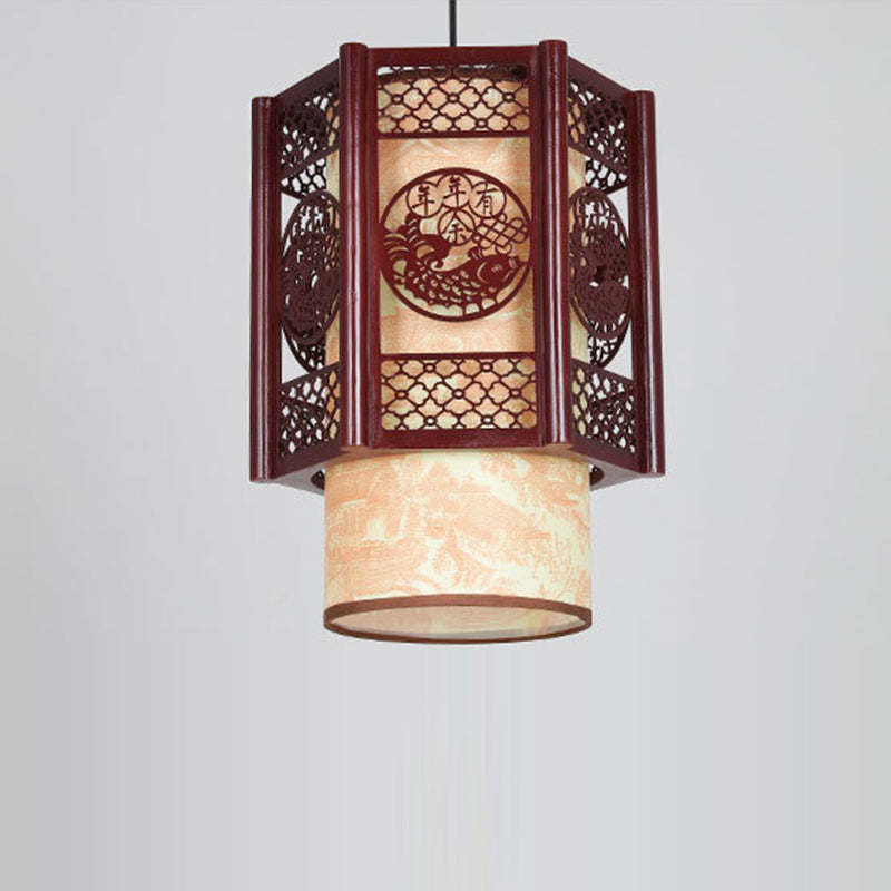 Traditional Chinese Wood-PVC Cylinder Lantern Carved Fish 1-Light Pendant Lamp for the Dining Room