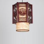 Traditional Chinese Wood-PVC Cylinder Lantern Carved Fish 1-Light Pendant Lamp for the Dining Room