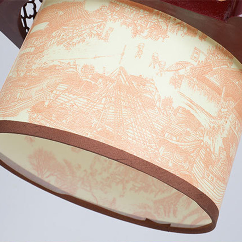 Traditional Chinese Wood-PVC Cylinder Lantern Carved Fish 1-Light Pendant Lamp for the Dining Room