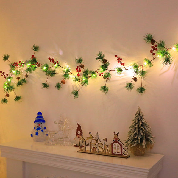 Modern Art Deco Battery Copper Plastic Leaf Bell Pine Needle Red Fruit Christmas Decoration LED String Lights For Bedroom