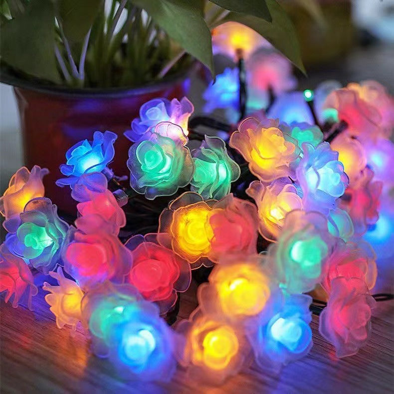 Modern Art Deco Solar Battery Waterproof PVC Rose Romantic Decoration LED String Light For Garden