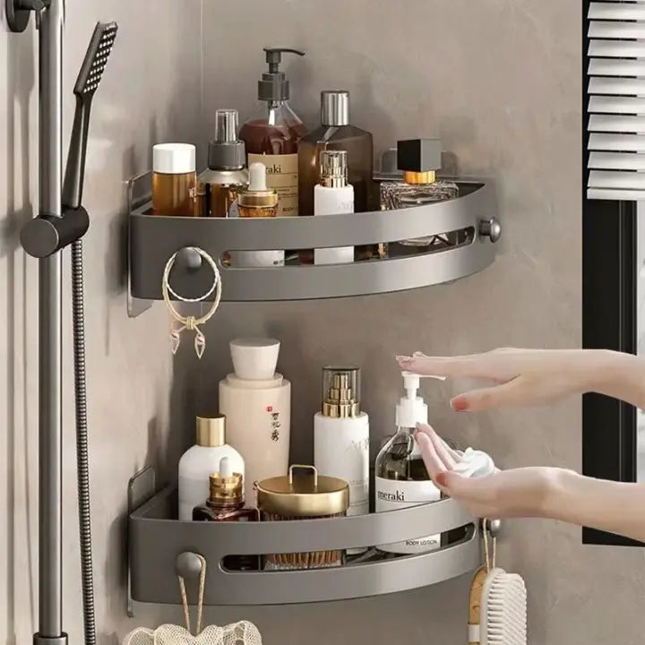 Bathroom Wall Shelf – Stainless Steel Corner Basket with Adhesive Holder
