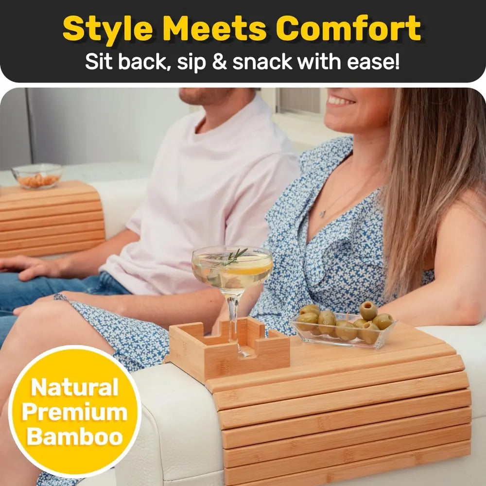 Bamboo Armrest Tray – Non-Slip Sofa Holder for Drinks & Snacks