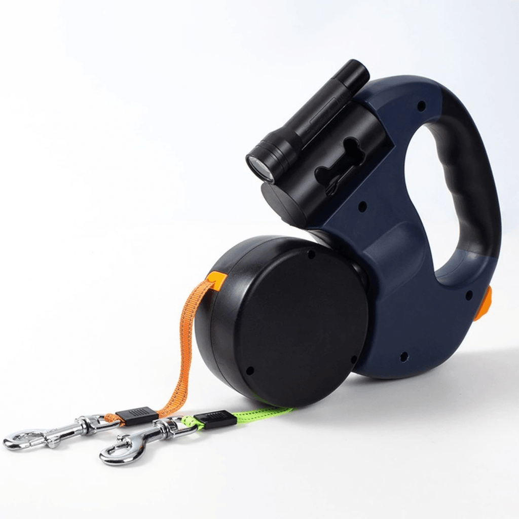DoubleDog Retractable Dual Dog Lead with Anti-Tangle Swivel & Built-in Torch – 4m Extendable for Two Dogs