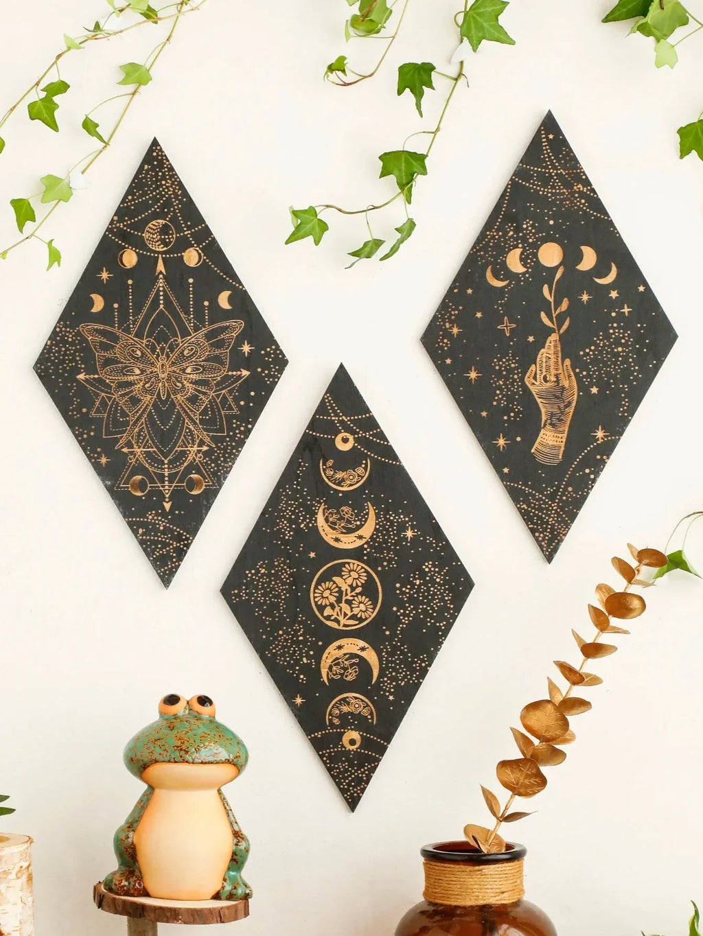 Black Moon Phases Wooden Wall Decoration Rhombus Wall Art Boho Home Decor Witch Tapestry Decoration Room Decor Aesthetic Gift