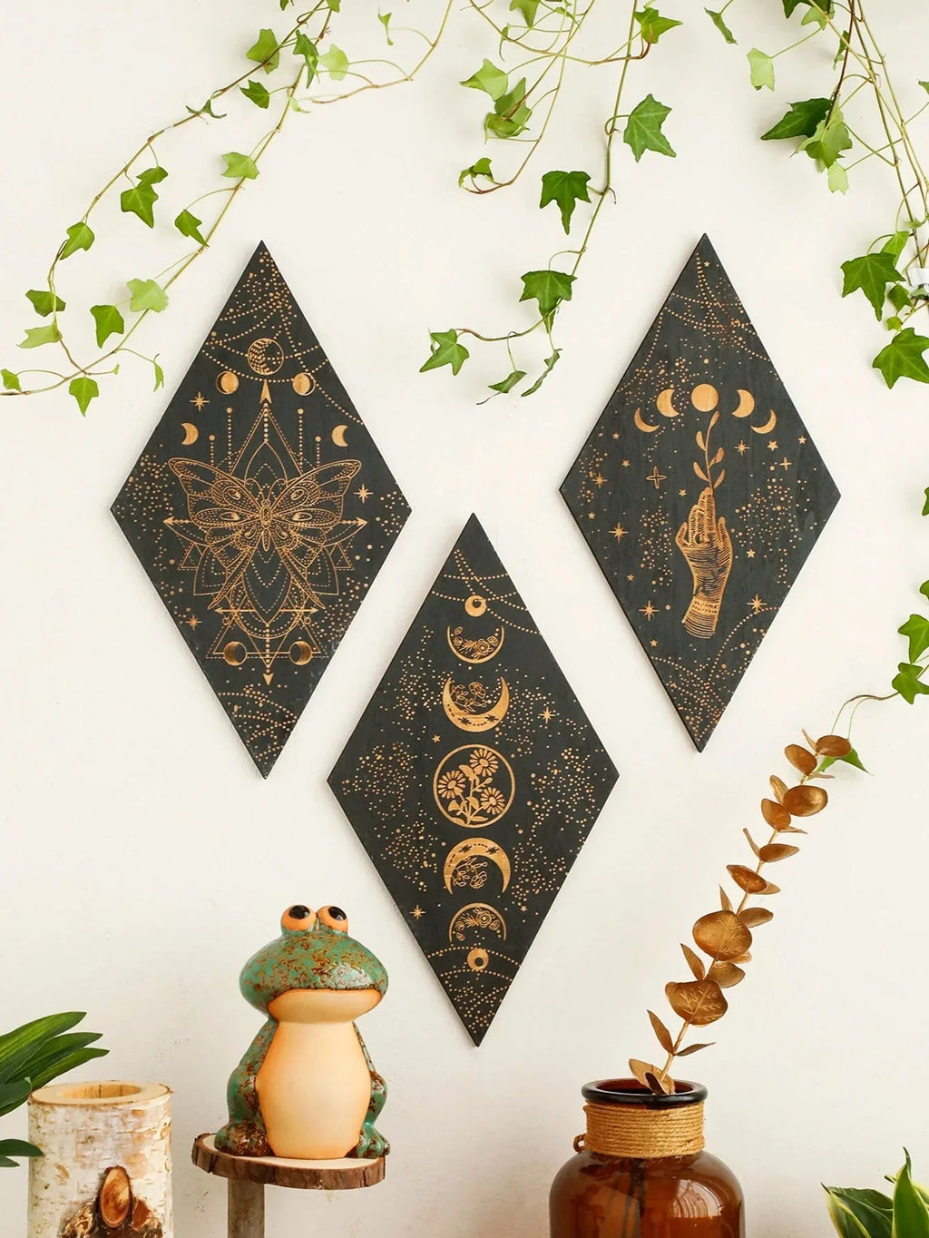 Black Moon Phases Wooden Wall Decoration Rhombus Wall Art Boho Home Decor Witch Tapestry Decoration Room Decor Aesthetic Gift