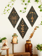 Black Moon Phases Wooden Wall Decoration Rhombus Wall Art Boho Home Decor Witch Tapestry Decoration Room Decor Aesthetic Gift