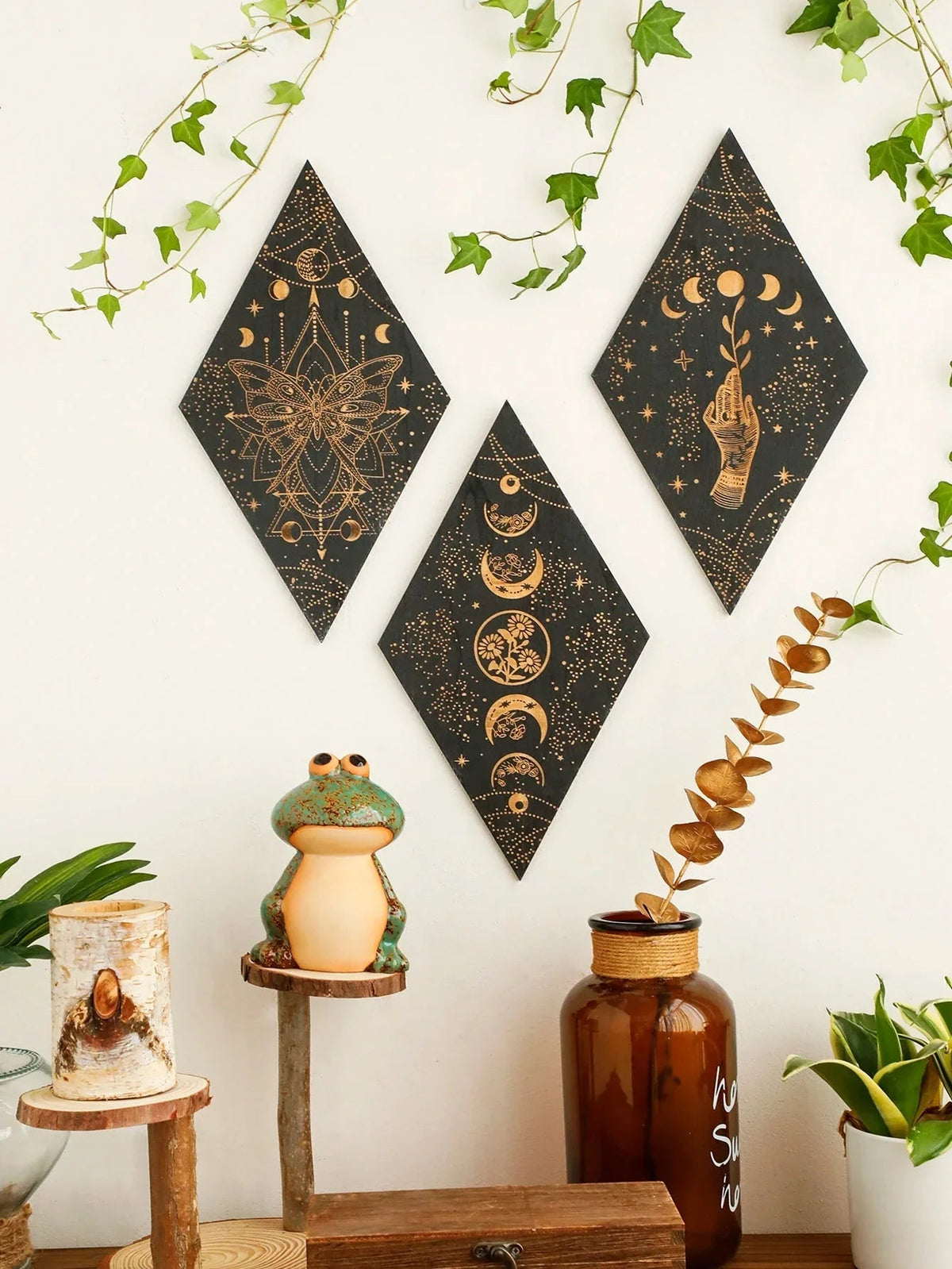 Black Moon Phases Wooden Wall Decoration Rhombus Wall Art Boho Home Decor Witch Tapestry Decoration Room Decor Aesthetic Gift