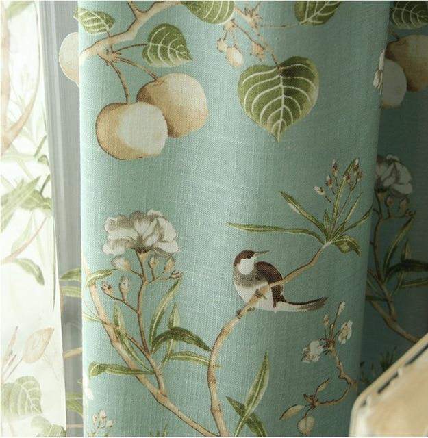 Blackout Blue Curtains with Floral Bird Patterns