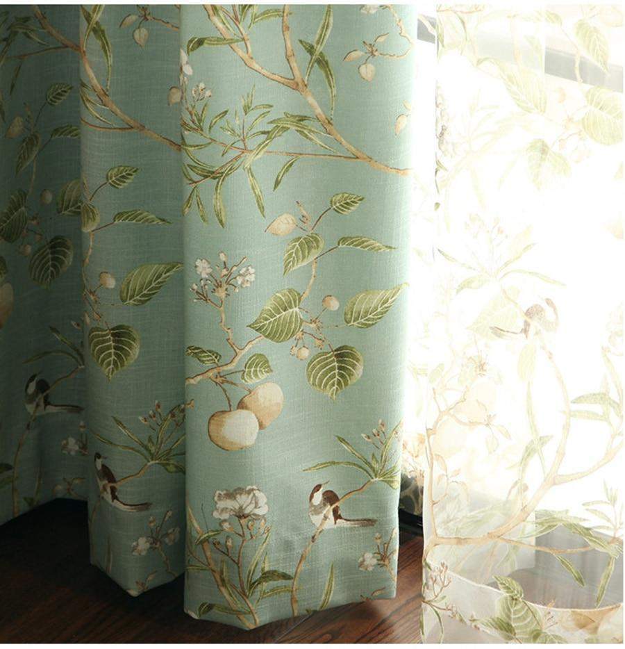 Blackout Blue Curtains with Floral Bird Patterns