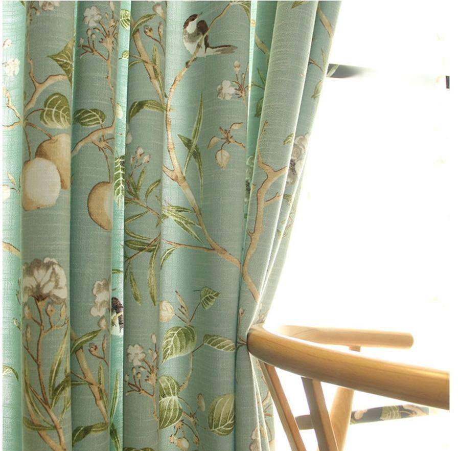 Blackout Blue Curtains with Floral Bird Patterns