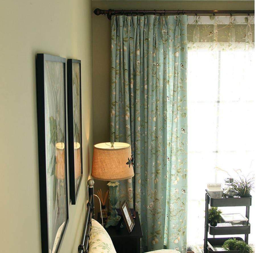 Blackout Blue Curtains with Floral Bird Patterns