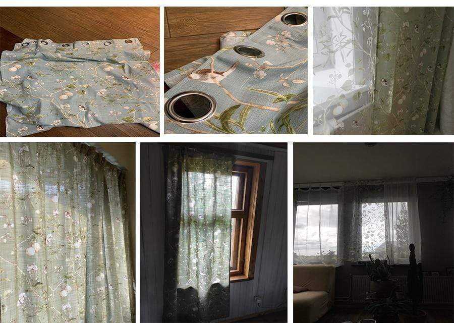 Blackout Blue Curtains with Floral Bird Patterns
