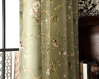 Blackout Green Curtains with Floral Bird Pattern