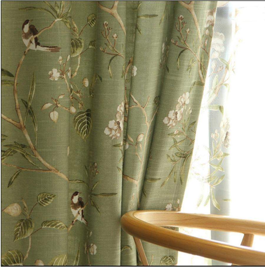 Blackout Green Curtains with Floral Bird Pattern