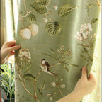 Blackout Green Curtains with Floral Bird Pattern