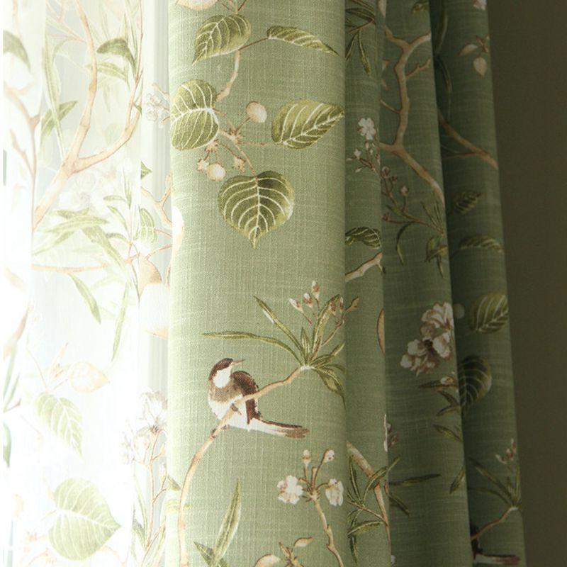 Blackout Green Curtains with Floral Bird Pattern