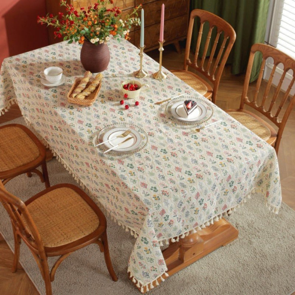 Floral Microfiber Tablecloth with Tassel Trim for Dining and Special Occasions