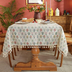 Floral Microfiber Tablecloth with Tassel Trim for Dining and Special Occasions
